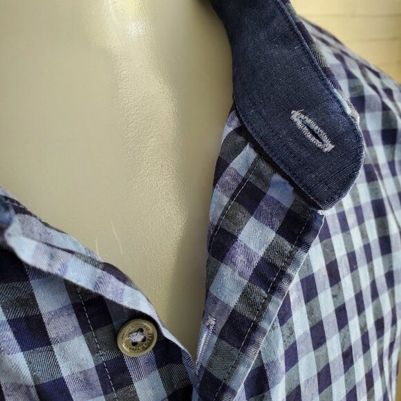 Bugatchi Blue and Black Checkered Casual Button Down Shirt - Picture 2 of 14